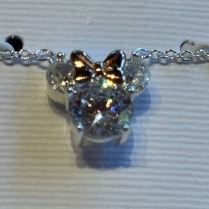 NIB Disney Minnie Mouse ears sparkly Elegant Silver Bow Necklace 16” + 2”